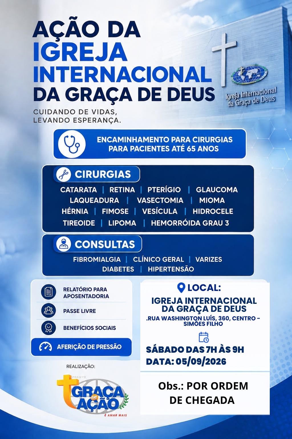 A&ccedil;&atilde;o da Igreja Internacional da Gra&ccedil;a de Deus oferece atendimentos e encaminhamentos em Sim&otilde;es Filho