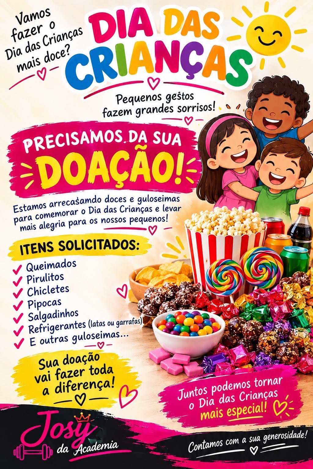 Josy da Academia promove campanha de arrecada&ccedil;&atilde;o para tornar o Dia das Crian&ccedil;as mais especial