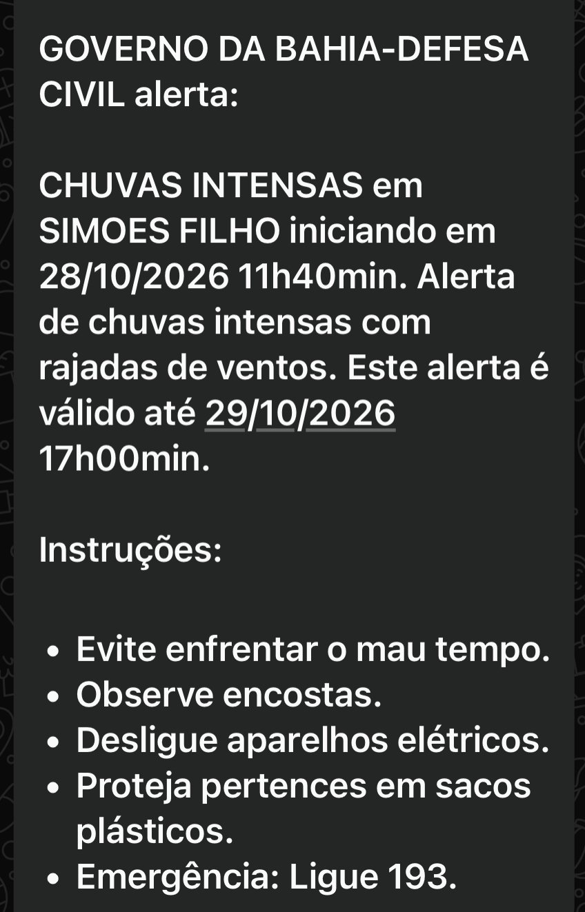 Defesa Civil emite alerta de chuvas intensas com rajadas de vento para Sim&otilde;es Filho